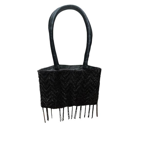 Black Beaded Evening hand bag Fringe Satin Handles Formal Party Night out - Picture 1 of 8